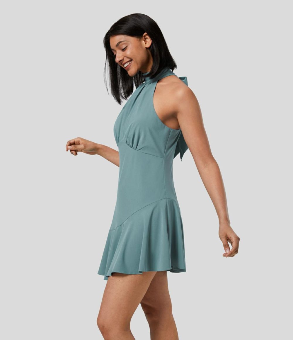 Breezeful™ Halter Tie Back Invisible Zipper Asymmetric Ruffle Hem Mini Quick Dry Casual Dress  | Womens  Mini Dresses Clothing Mini Dresses