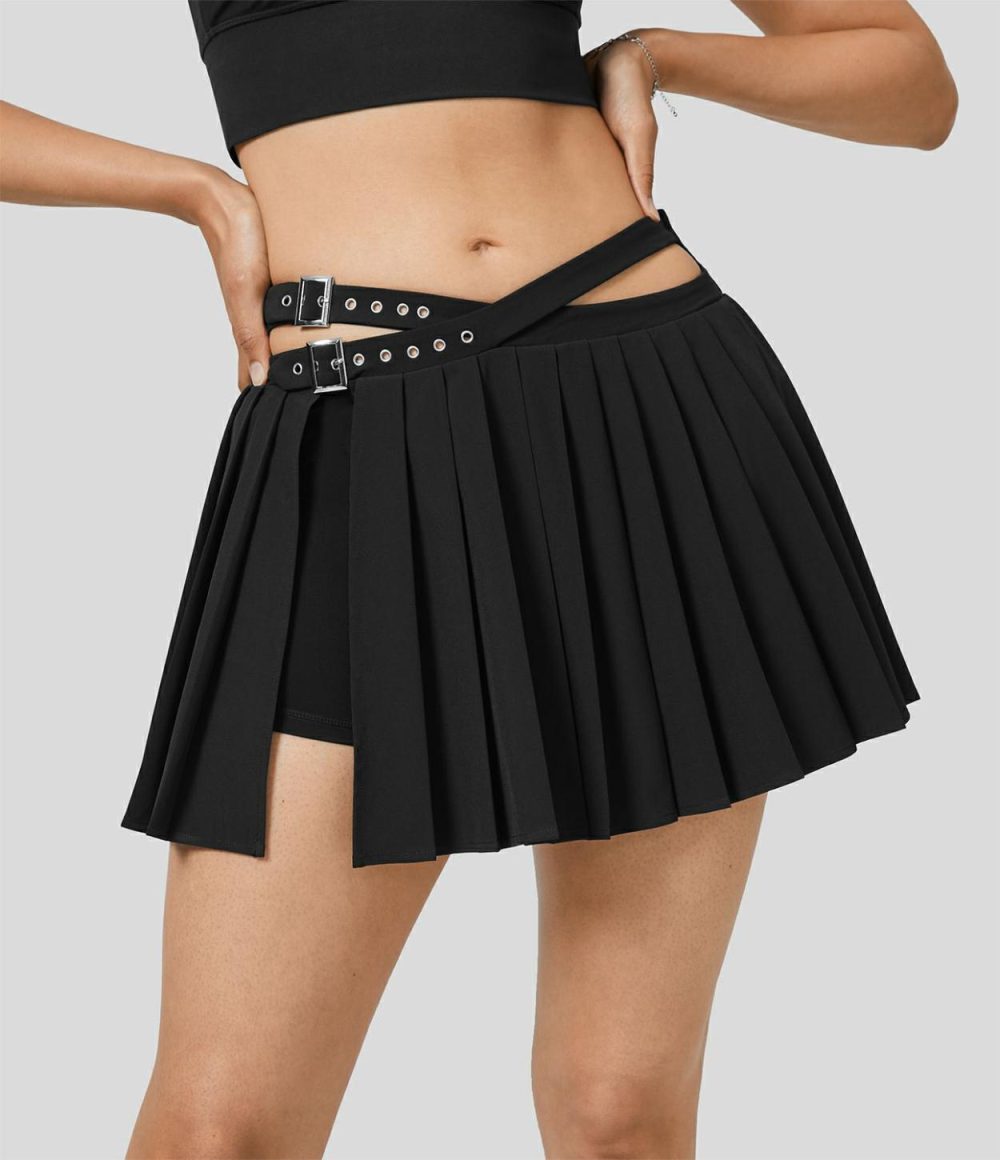 Breezeful™ High Waisted Adjustable Buckle 2-in-1 Side Pocket Split Pleated Mini Quick Dry Dance Skirt  | Womens  Mini Skirts Clothing Mini Skirts