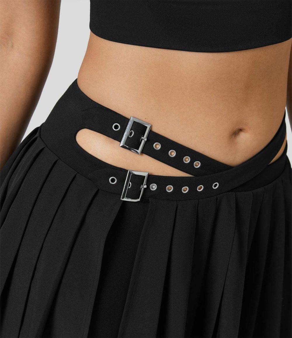 Breezeful™ High Waisted Adjustable Buckle 2-in-1 Side Pocket Split Pleated Mini Quick Dry Dance Skirt  | Womens  Mini Skirts Clothing Mini Skirts