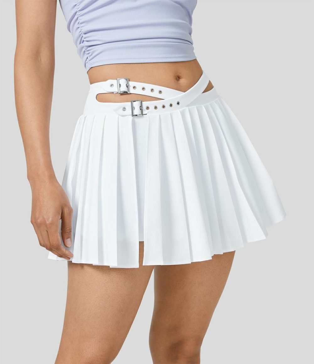 Breezeful™ High Waisted Adjustable Buckle 2-in-1 Side Pocket Split Pleated Mini Quick Dry Dance Skirt  | Womens  Mini Skirts Clothing Mini Skirts