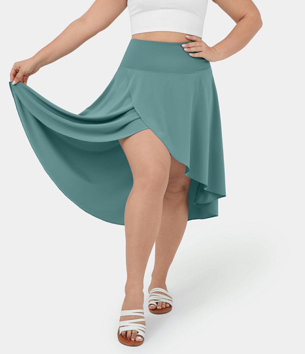 Breezeful™ High Waisted Asymmetric Ruffle High Low Flowy 2-in-1 Quick Dry Dance Plus Size Skirt  | Womens  Flowy Skirts Clothing Flowy Skirts