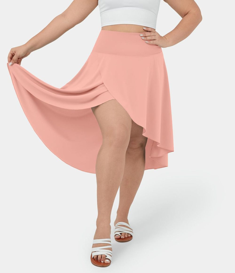 Breezeful™ High Waisted Asymmetric Ruffle High Low Flowy 2-in-1 Quick Dry Dance Plus Size Skirt  | Womens  Flowy Skirts Clothing Flowy Skirts