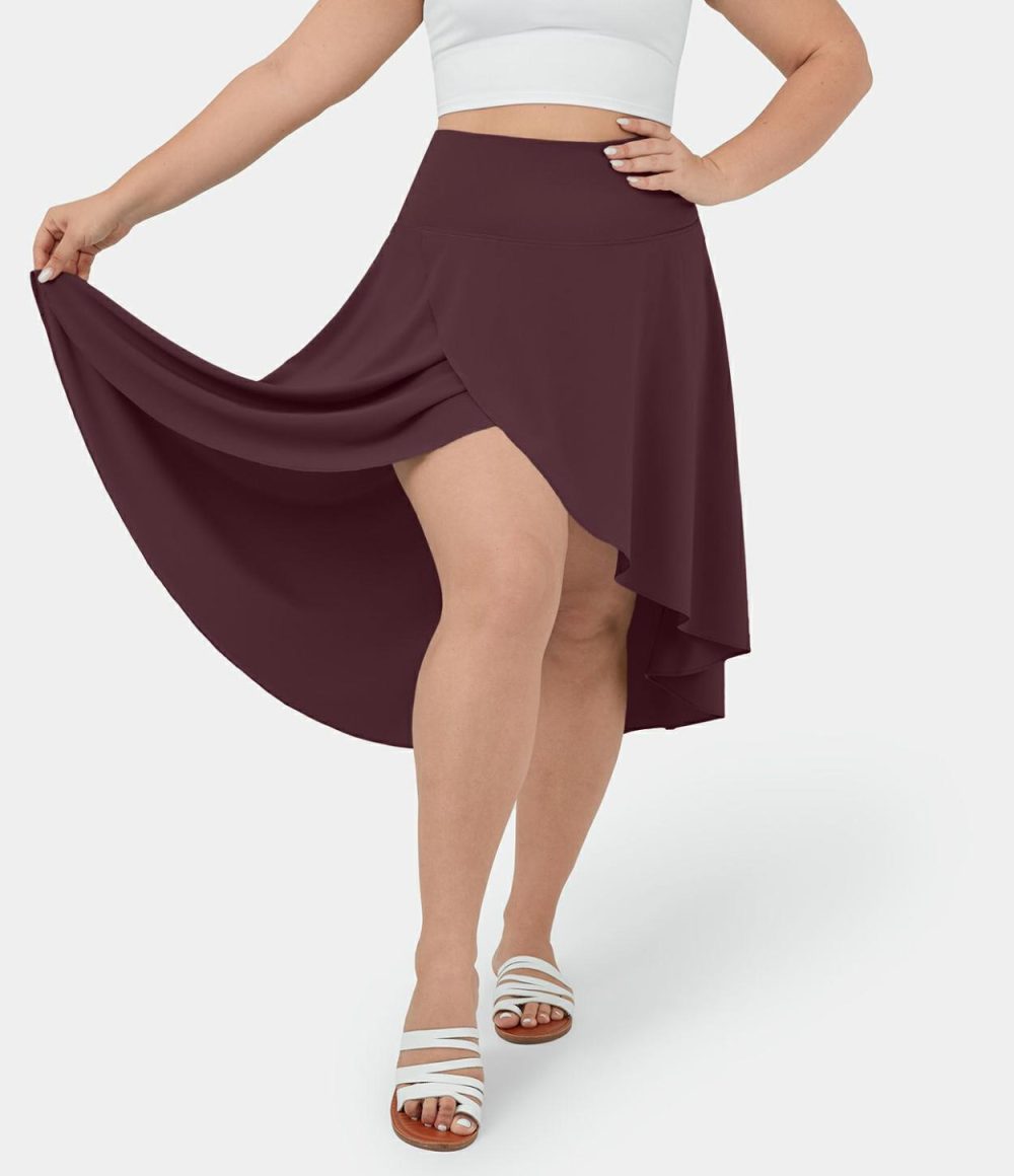 Breezeful™ High Waisted Asymmetric Ruffle High Low Flowy 2-in-1 Quick Dry Dance Plus Size Skirt  | Womens  Flowy Skirts Clothing Flowy Skirts