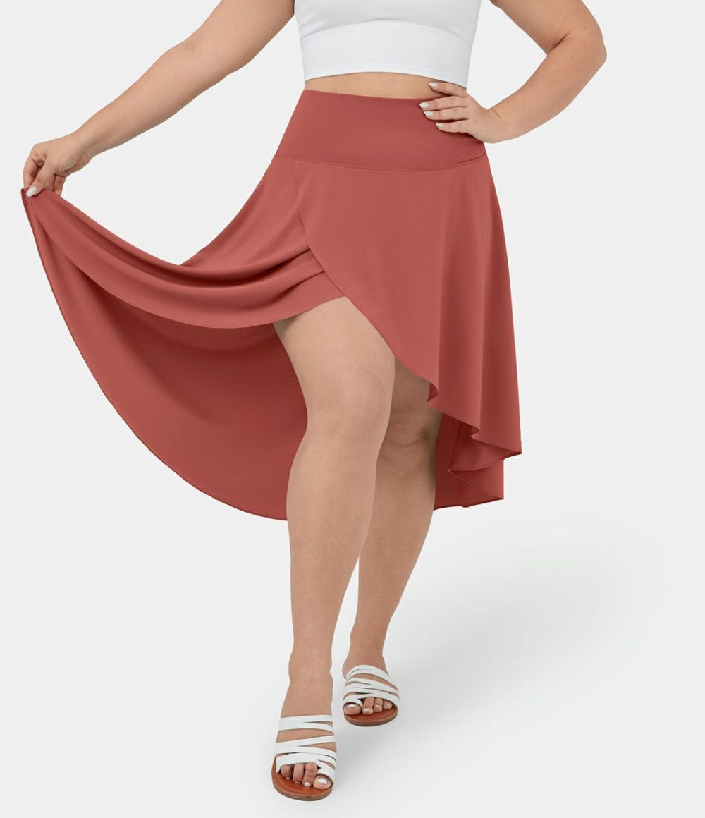 Breezeful™ High Waisted Asymmetric Ruffle High Low Flowy 2-in-1 Quick Dry Dance Plus Size Skirt  | Womens  Flowy Skirts Clothing Flowy Skirts