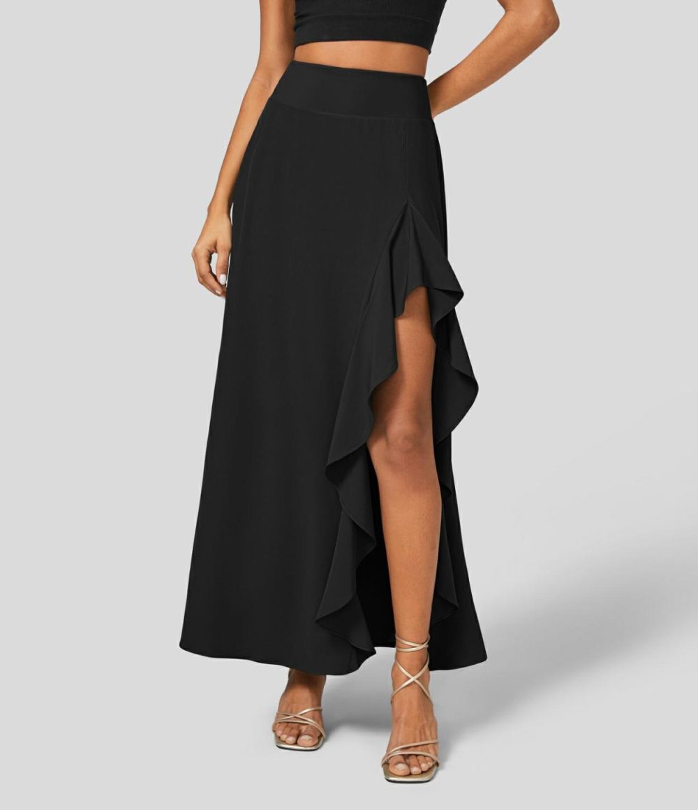 Breezeful™ High Waisted Asymmetric Ruffle Trim Split Hem 2-in-1 Maxi Quick Dry Casual Skirt  | Womens  2-in-1 Skorts 2-in-1 Skorts 2-in-1 Skorts