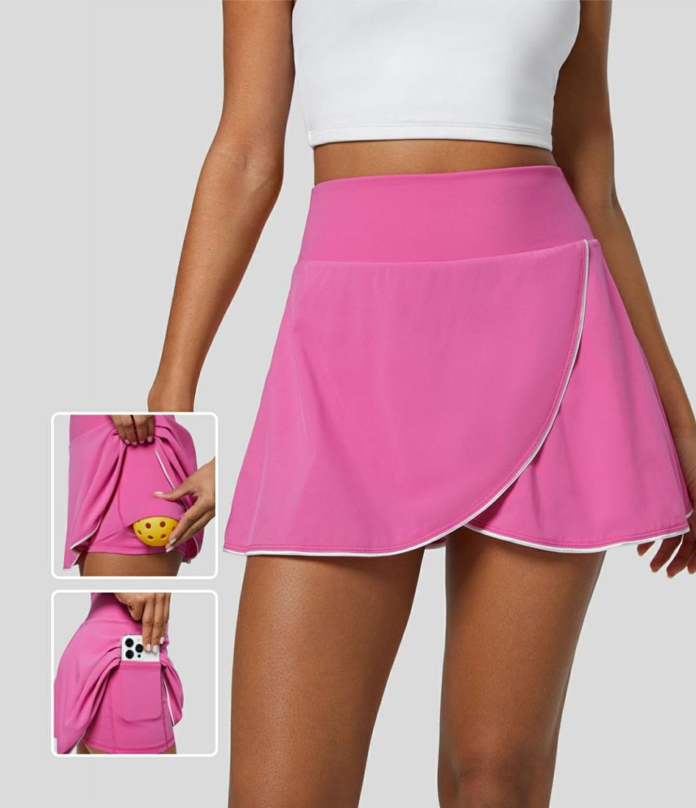 Breezeful™ High Waisted Colorblock Contrast Binding Wrapped 2-in-1 Side Pocket Mini Quick Dry Pickleball Skirt  | Womens  Mini Skirts Clothing Fedora Red Purple/Black