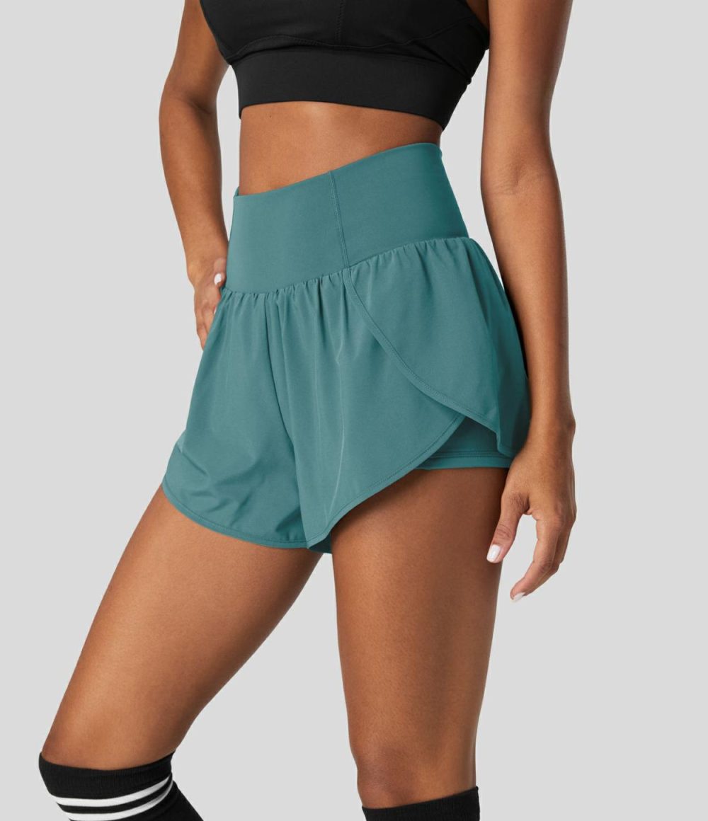 Breezeful™ High Waisted Crossover Petal Hem 2-in-1 Side Pocket Quick Dry Yoga Shorts  | Womens  Crossover Shorts Clothing Black Diamond Blue/Mineral Blue/Flame Red/Thin Ice Blue/Black