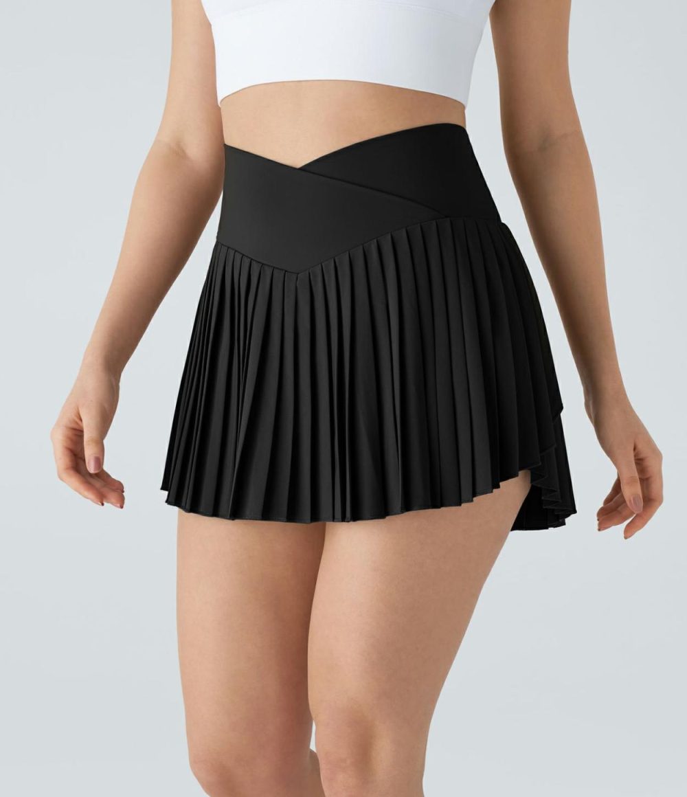 Breezeful™ High Waisted Crossover Pleated 2-in-1 Side Pocket Mini Quick Dry Tennis Skirt  | Womens  Mini Skirts Clothing Mini Skirts