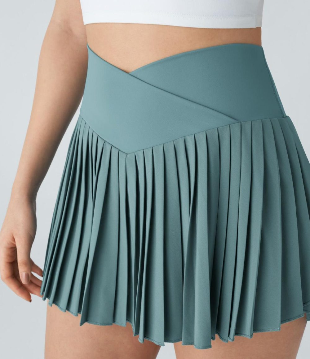 Breezeful™ High Waisted Crossover Pleated 2-in-1 Side Pocket Mini Quick Dry Tennis Skirt  | Womens  Mini Skirts Clothing Mini Skirts