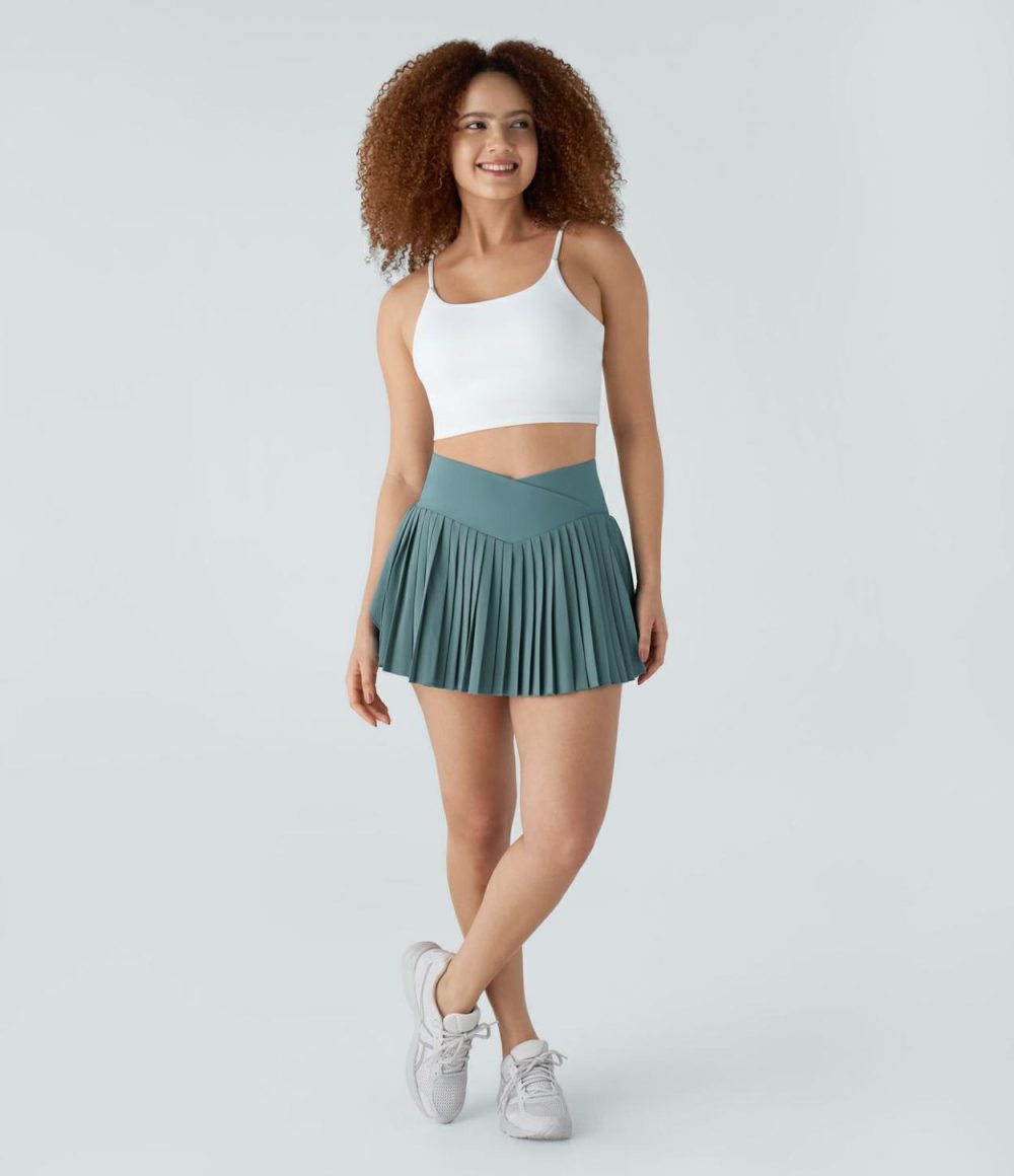 Breezeful™ High Waisted Crossover Pleated 2-in-1 Side Pocket Mini Quick Dry Tennis Skirt  | Womens  Mini Skirts Clothing Mini Skirts