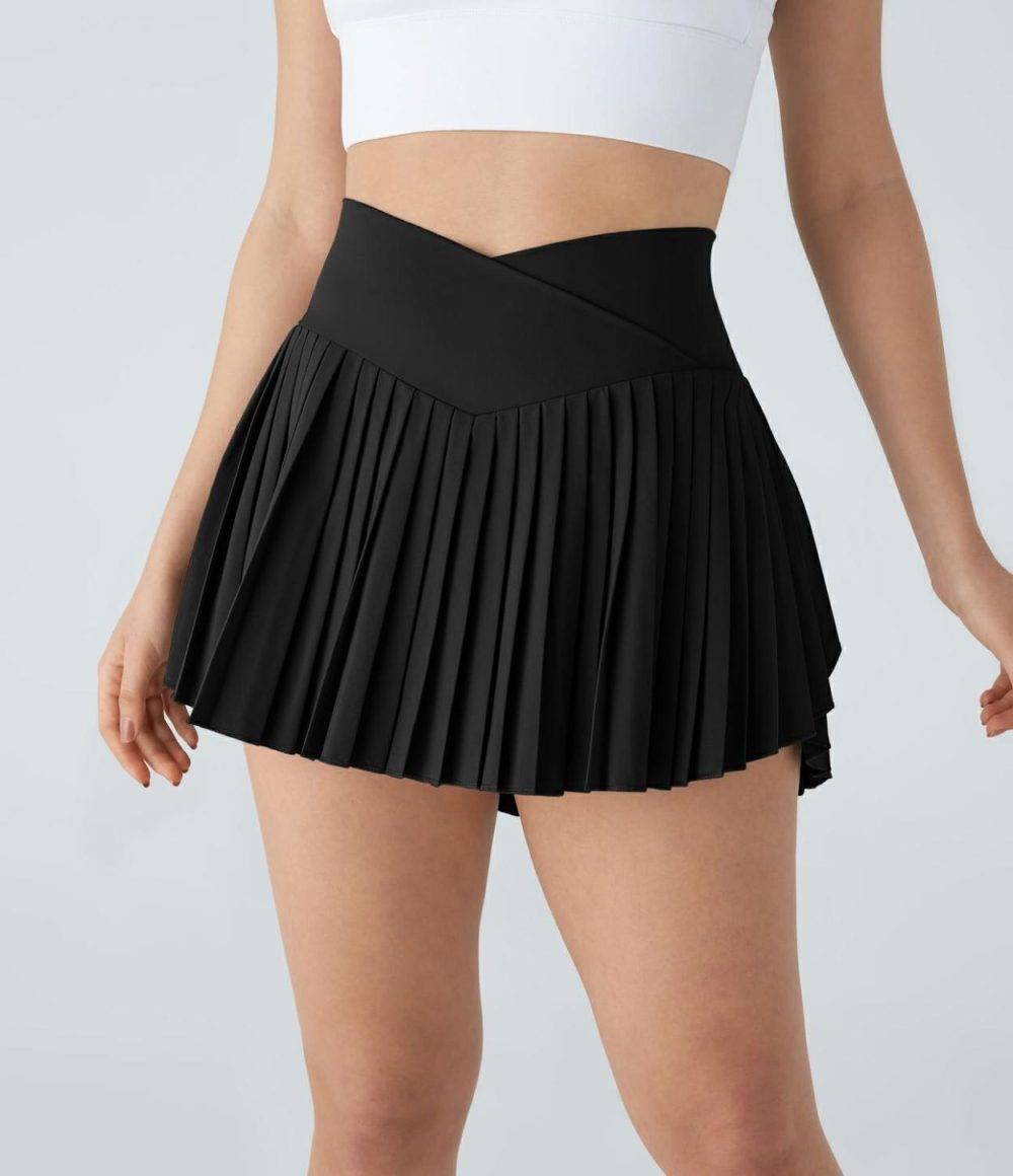 Breezeful™ High Waisted Crossover Pleated 2-in-1 Side Pocket Mini Quick Dry Tennis Skirt  | Womens  Mini Skirts Clothing Mini Skirts