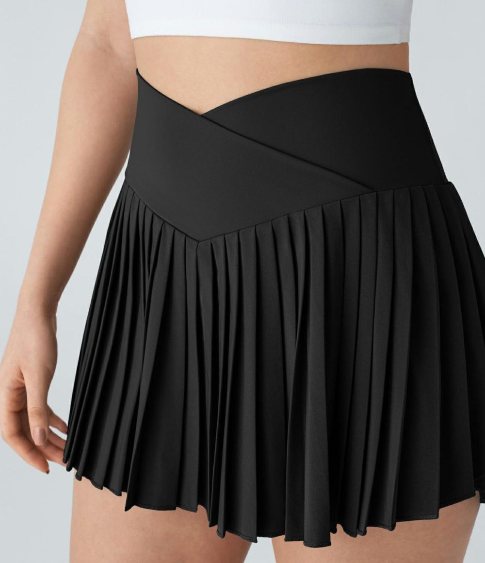 Breezeful™ High Waisted Crossover Pleated 2-in-1 Side Pocket Mini Quick Dry Tennis Skirt  | Womens  Mini Skirts Clothing Mini Skirts