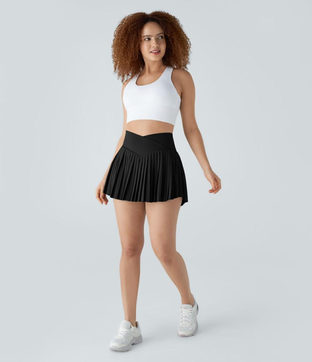 Breezeful™ High Waisted Crossover Pleated 2-in-1 Side Pocket Mini Quick Dry Tennis Skirt  | Womens  Mini Skirts Clothing Mini Skirts