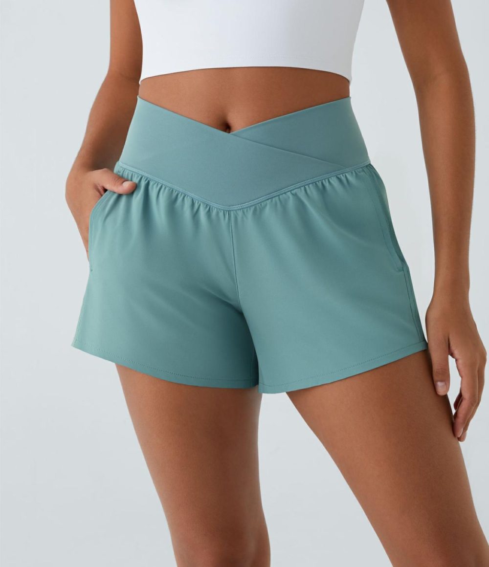 Breezeful™ High Waisted Crossover Side Pocket 2-in-1 Quick Dry Yoga Shorts 4″  | Womens  Crossover Shorts Clothing Crossover Shorts