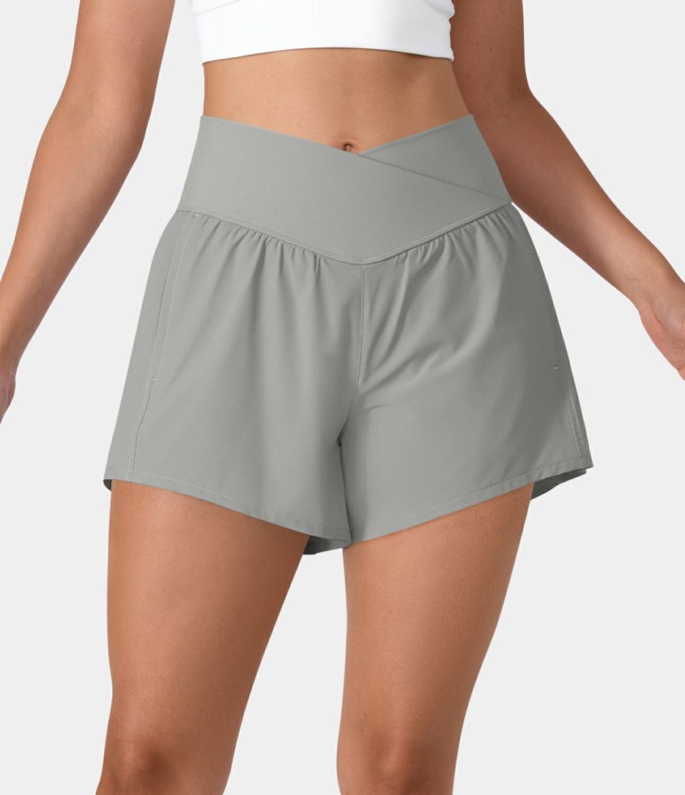 Breezeful™ High Waisted Crossover Side Pocket 2-in-1 Quick Dry Yoga Shorts 4″  | Womens  Crossover Shorts Clothing Crossover Shorts