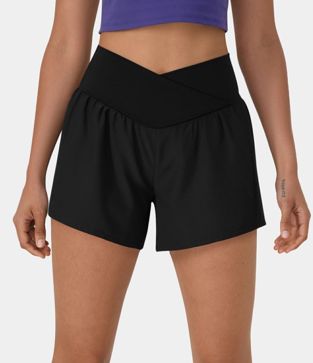 Breezeful™ High Waisted Crossover Side Pocket 2-in-1 Quick Dry Yoga Shorts 4″  | Womens  Crossover Shorts Clothing Crossover Shorts