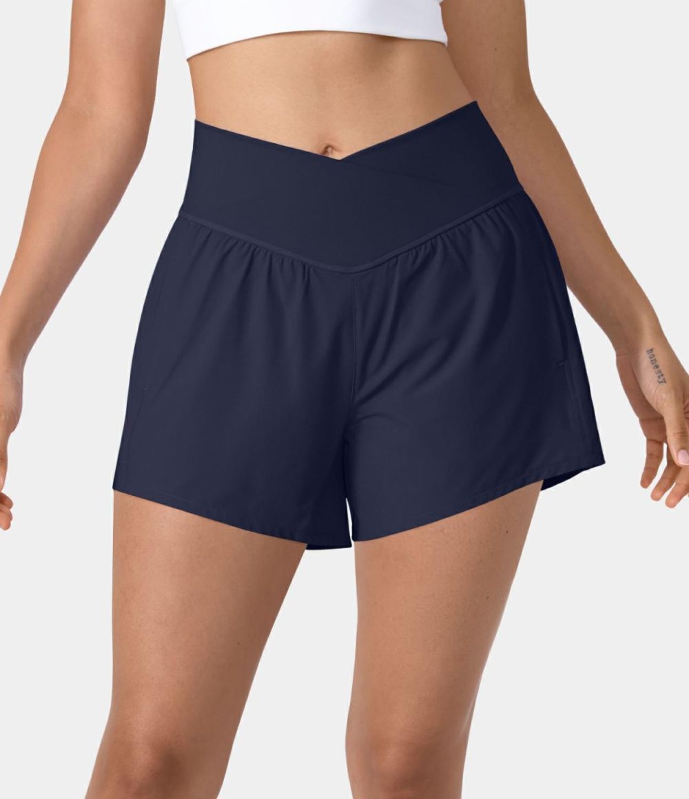 Breezeful™ High Waisted Crossover Side Pocket 2-in-1 Quick Dry Yoga Shorts 4″  | Womens  Crossover Shorts Clothing Crossover Shorts