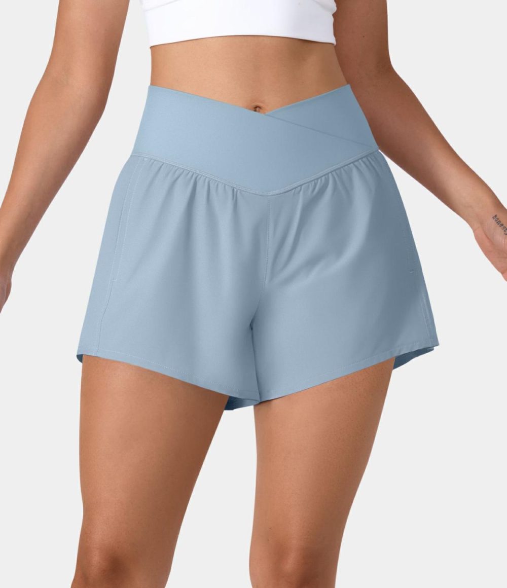 Breezeful™ High Waisted Crossover Side Pocket 2-in-1 Quick Dry Yoga Shorts 4″  | Womens  Crossover Shorts Clothing Crossover Shorts