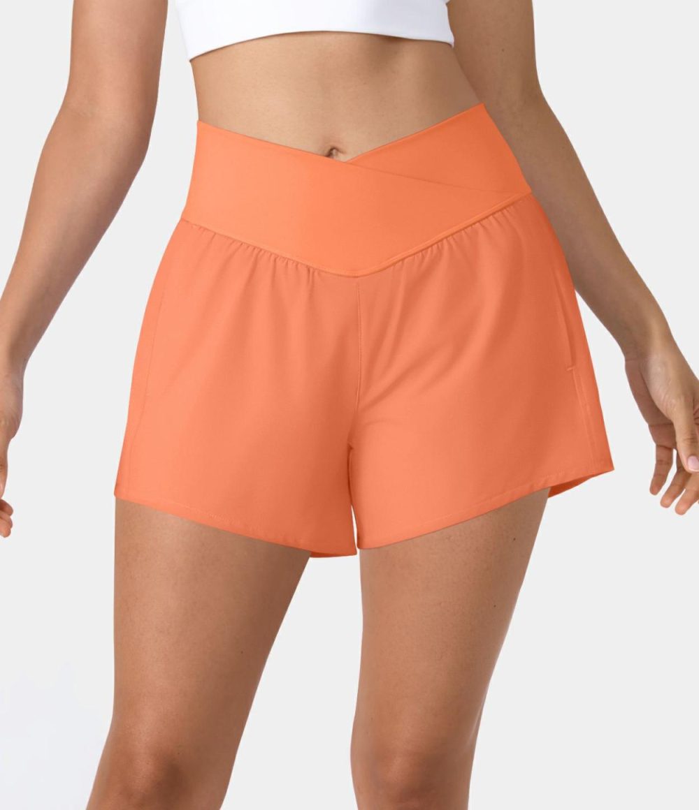 Breezeful™ High Waisted Crossover Side Pocket 2-in-1 Quick Dry Yoga Shorts 4″  | Womens  Crossover Shorts Clothing Crossover Shorts