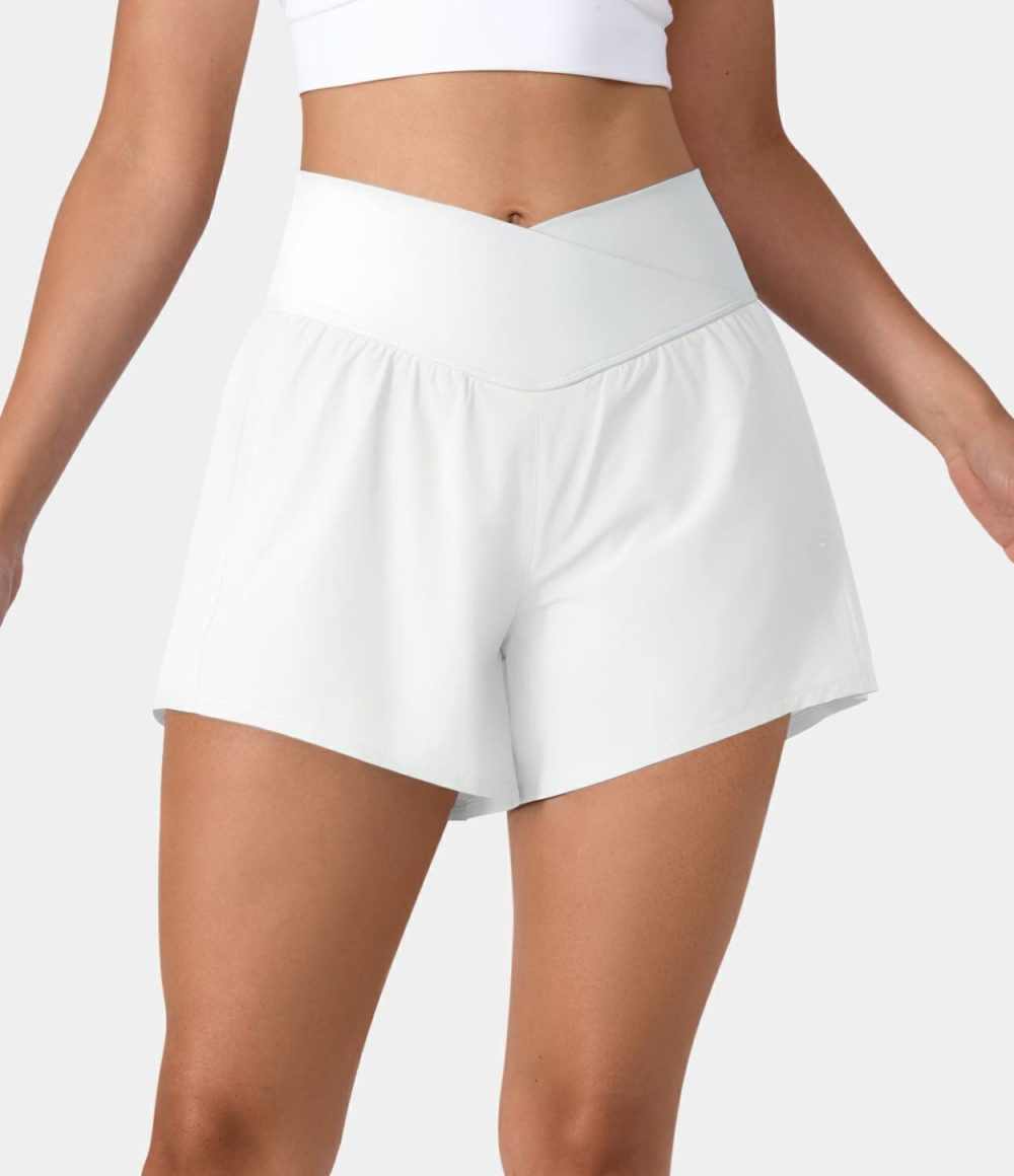 Breezeful™ High Waisted Crossover Side Pocket 2-in-1 Quick Dry Yoga Shorts 4″  | Womens  Crossover Shorts Clothing Crossover Shorts