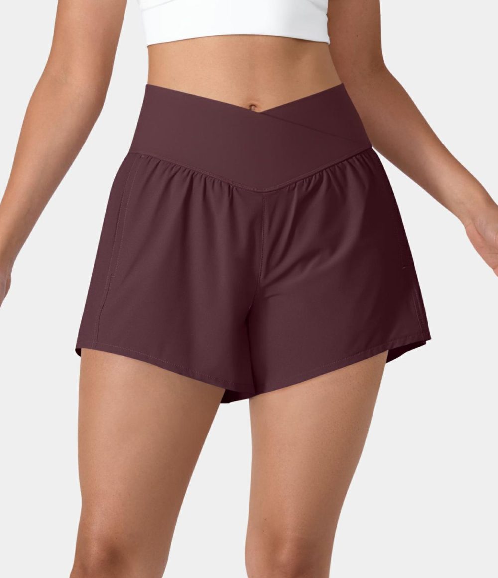 Breezeful™ High Waisted Crossover Side Pocket 2-in-1 Quick Dry Yoga Shorts 4″  | Womens  Crossover Shorts Clothing Crossover Shorts