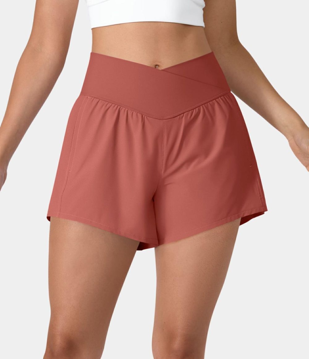 Breezeful™ High Waisted Crossover Side Pocket 2-in-1 Quick Dry Yoga Shorts 4″  | Womens  Crossover Shorts Clothing Crossover Shorts