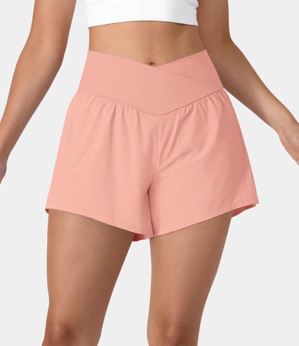 Breezeful™ High Waisted Crossover Side Pocket 2-in-1 Quick Dry Yoga Shorts 4″  | Womens  Crossover Shorts Clothing Crossover Shorts