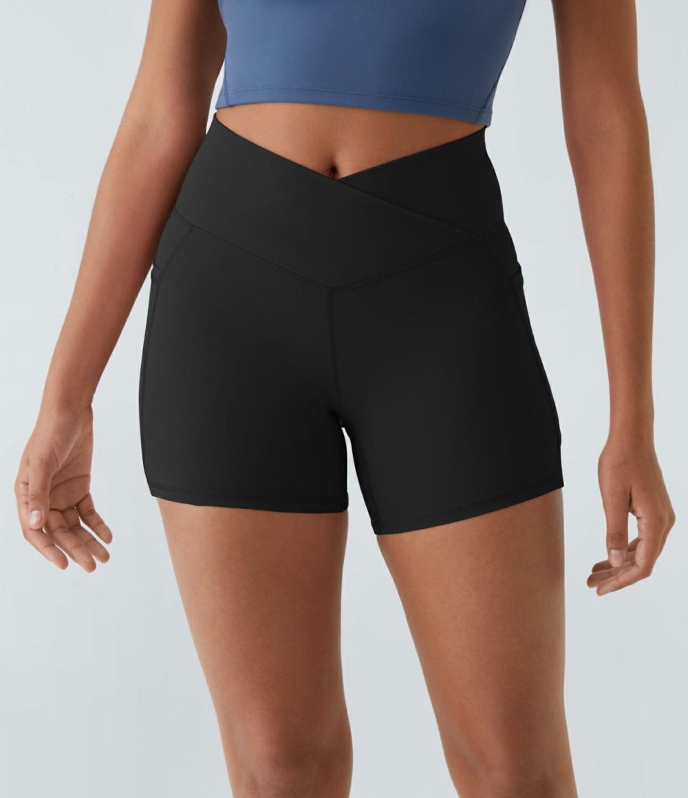 Breezeful™ High Waisted Crossover Side Pocket Back Flare Quick Dry Yoga Shorts  | Womens  Crossover Shorts Clothing Crossover Shorts