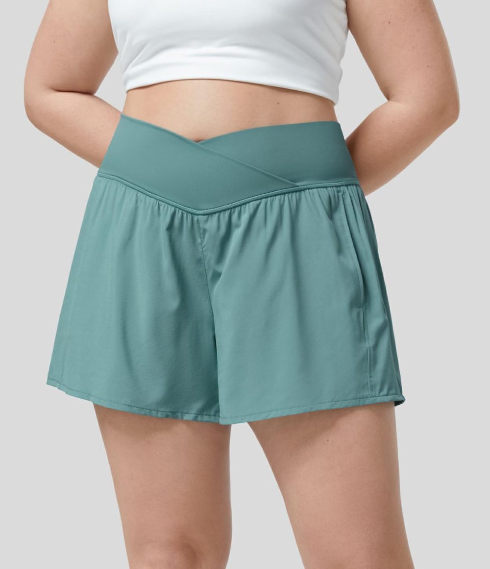 Breezeful™ High Waisted Crossover Side Pocket Plus Size 2-in-1 Quick Dry Yoga Shorts 4.5″  | Womens  Crossover Shorts Clothing Crossover Shorts