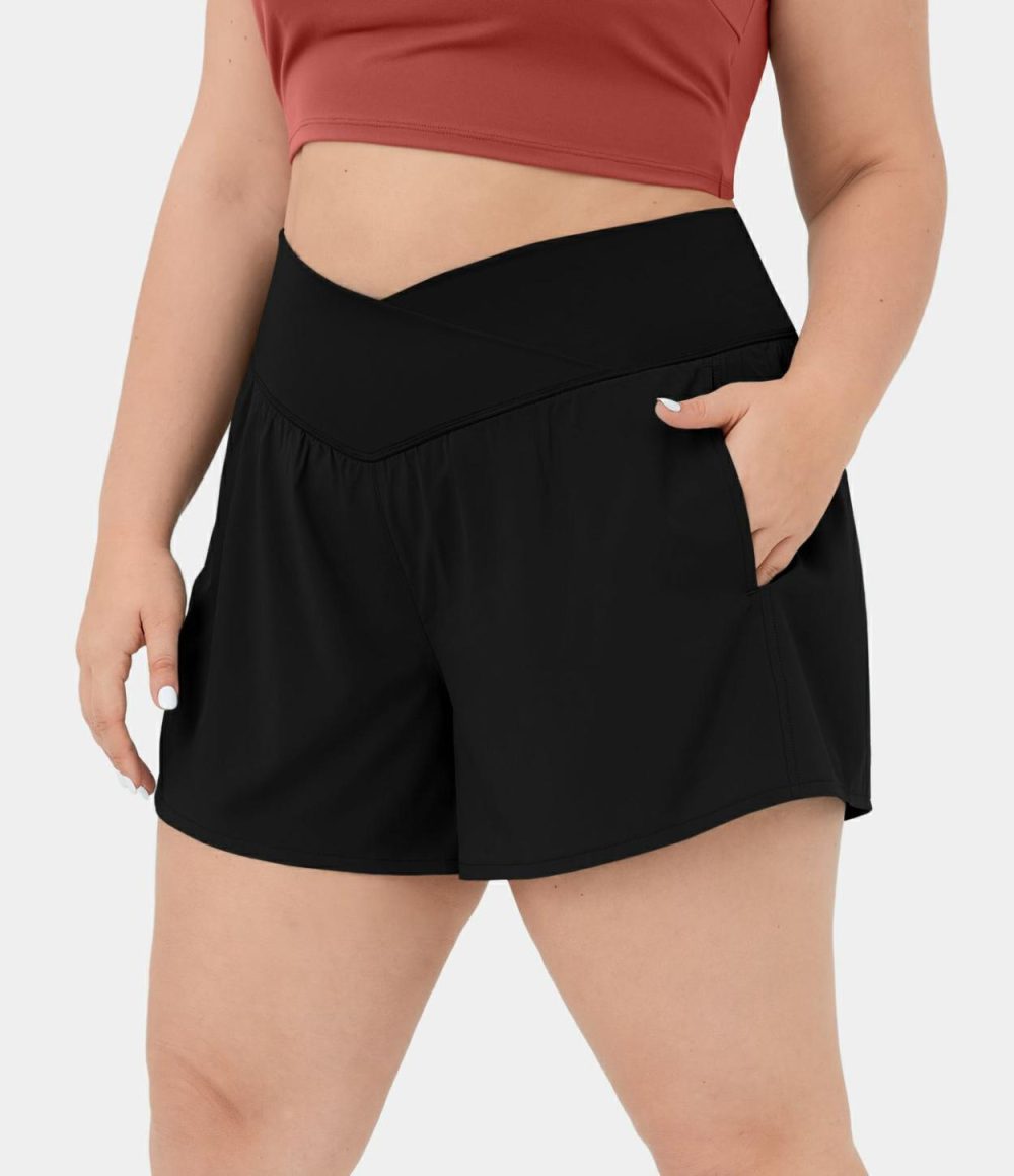 Breezeful™ High Waisted Crossover Side Pocket Plus Size 2-in-1 Quick Dry Yoga Shorts 4.5″  | Womens  Crossover Shorts Clothing Crossover Shorts