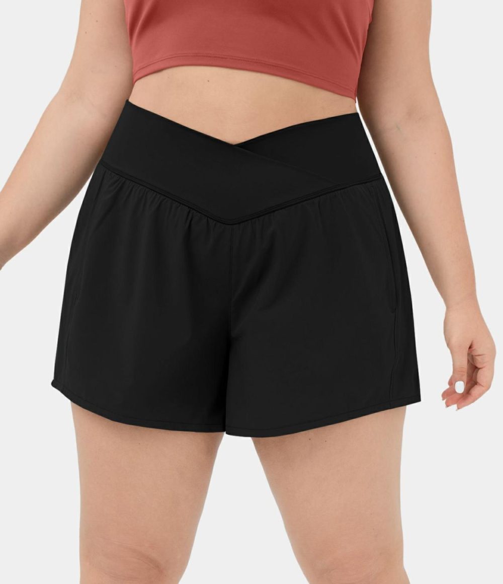 Breezeful™ High Waisted Crossover Side Pocket Plus Size 2-in-1 Quick Dry Yoga Shorts 4.5″  | Womens  Crossover Shorts Clothing Crossover Shorts