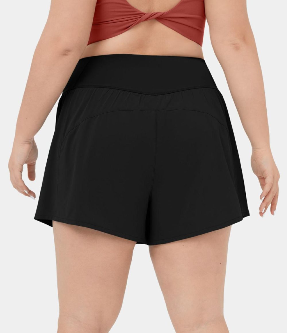 Breezeful™ High Waisted Crossover Side Pocket Plus Size 2-in-1 Quick Dry Yoga Shorts 4.5″  | Womens  Crossover Shorts Clothing Crossover Shorts