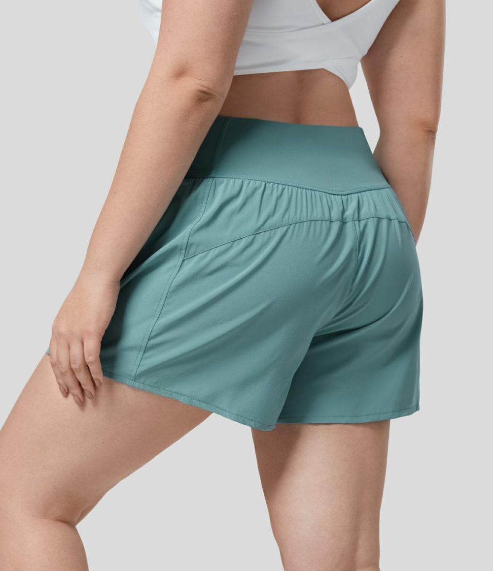 Breezeful™ High Waisted Crossover Side Pocket Plus Size 2-in-1 Quick Dry Yoga Shorts 4.5″  | Womens  Crossover Shorts Clothing Crossover Shorts