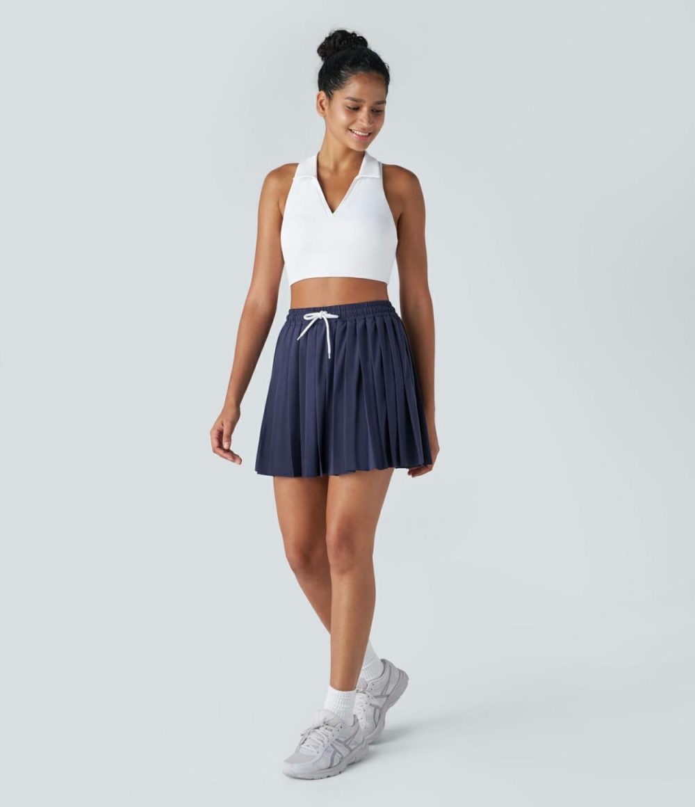 Breezeful™ High Waisted Drawstring 2-in-1 Side Pocket Pleated Quick Dry Mini Tennis Skirt  | Womens  Mini Skirts Clothing Mini Skirts