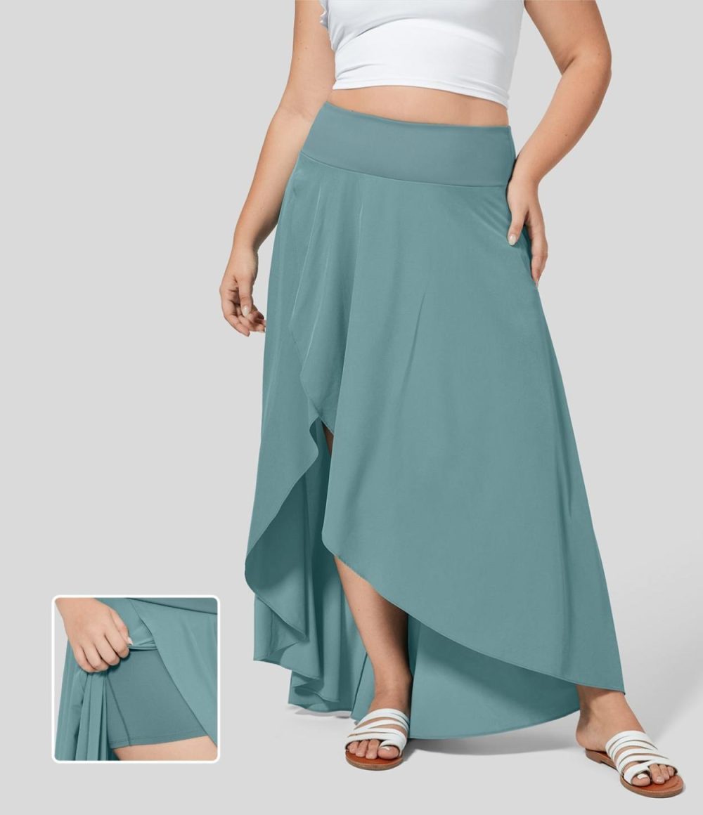 Breezeful™ High Waisted High Low Ruffle 2-in-1 Flowy Midi Quick Dry Casual Plus Size Skirt  | Womens  Flowy Skirts Clothing Flowy Skirts