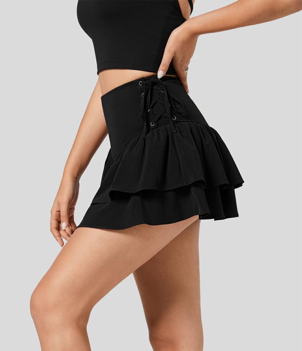 Breezeful™ High Waisted Lace Up Ruffle Tiered 2-in-1 Side Pocket Micro Mini Quick Dry Skirt  | Womens  2-in-1 Skorts 2-in-1 Skorts 2-in-1 Skorts