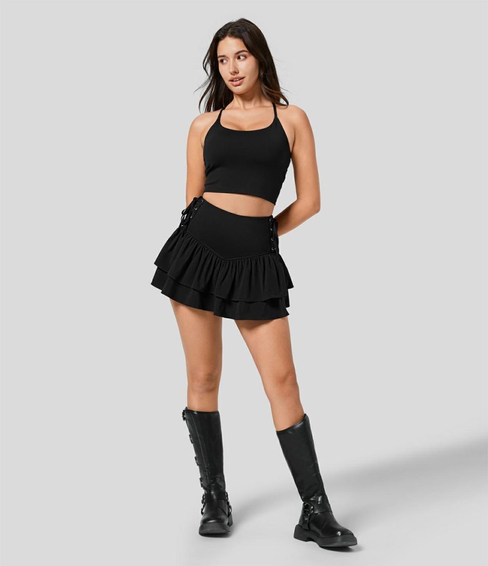 Breezeful™ High Waisted Lace Up Ruffle Tiered 2-in-1 Side Pocket Micro Mini Quick Dry Skirt  | Womens  2-in-1 Skorts 2-in-1 Skorts 2-in-1 Skorts