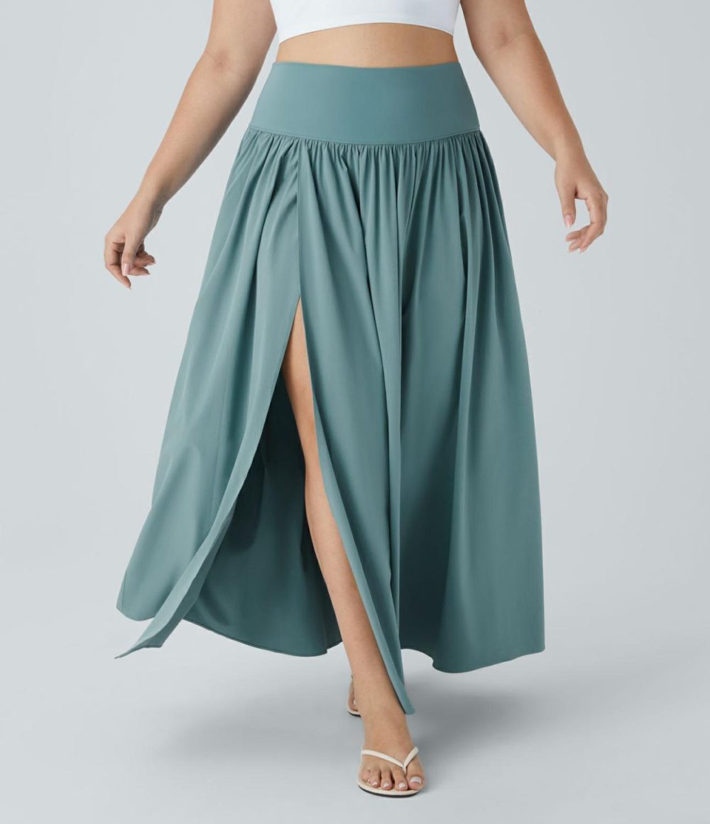 Breezeful™ High Waisted Plicated Split 2-in-1 Flowy Quick Dry Maxi Casual Plus Size Skirt  | Womens  Flowy Skirts Clothing Flowy Skirts