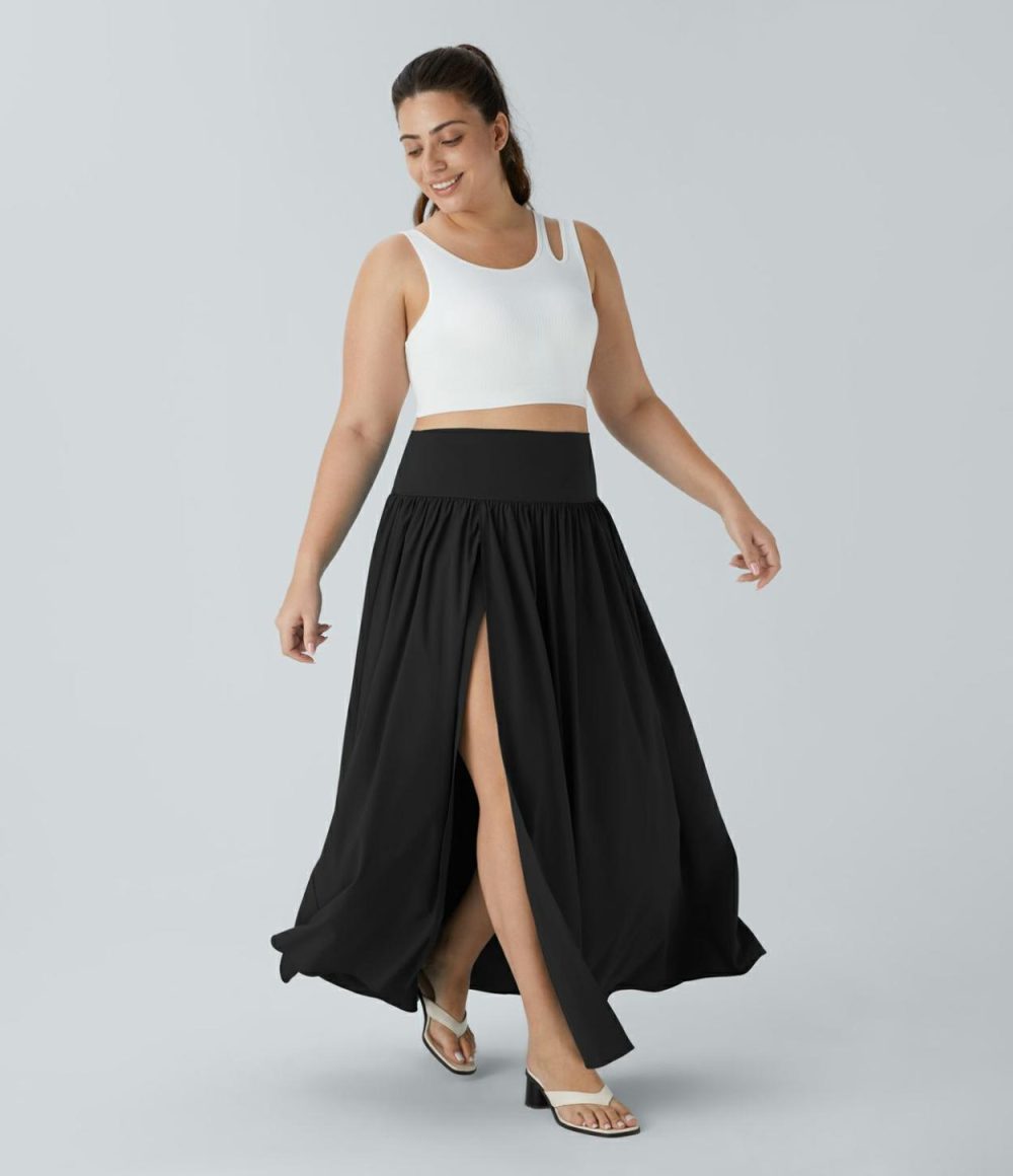 Breezeful™ High Waisted Plicated Split 2-in-1 Flowy Quick Dry Maxi Casual Plus Size Skirt  | Womens  Flowy Skirts Clothing Flowy Skirts