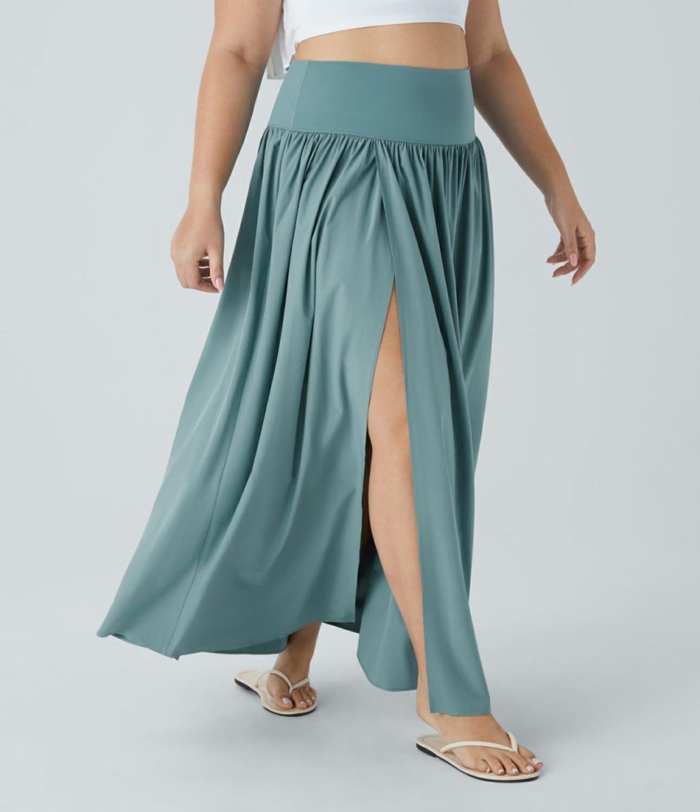 Breezeful™ High Waisted Plicated Split 2-in-1 Flowy Quick Dry Maxi Casual Plus Size Skirt  | Womens  Flowy Skirts Clothing Flowy Skirts