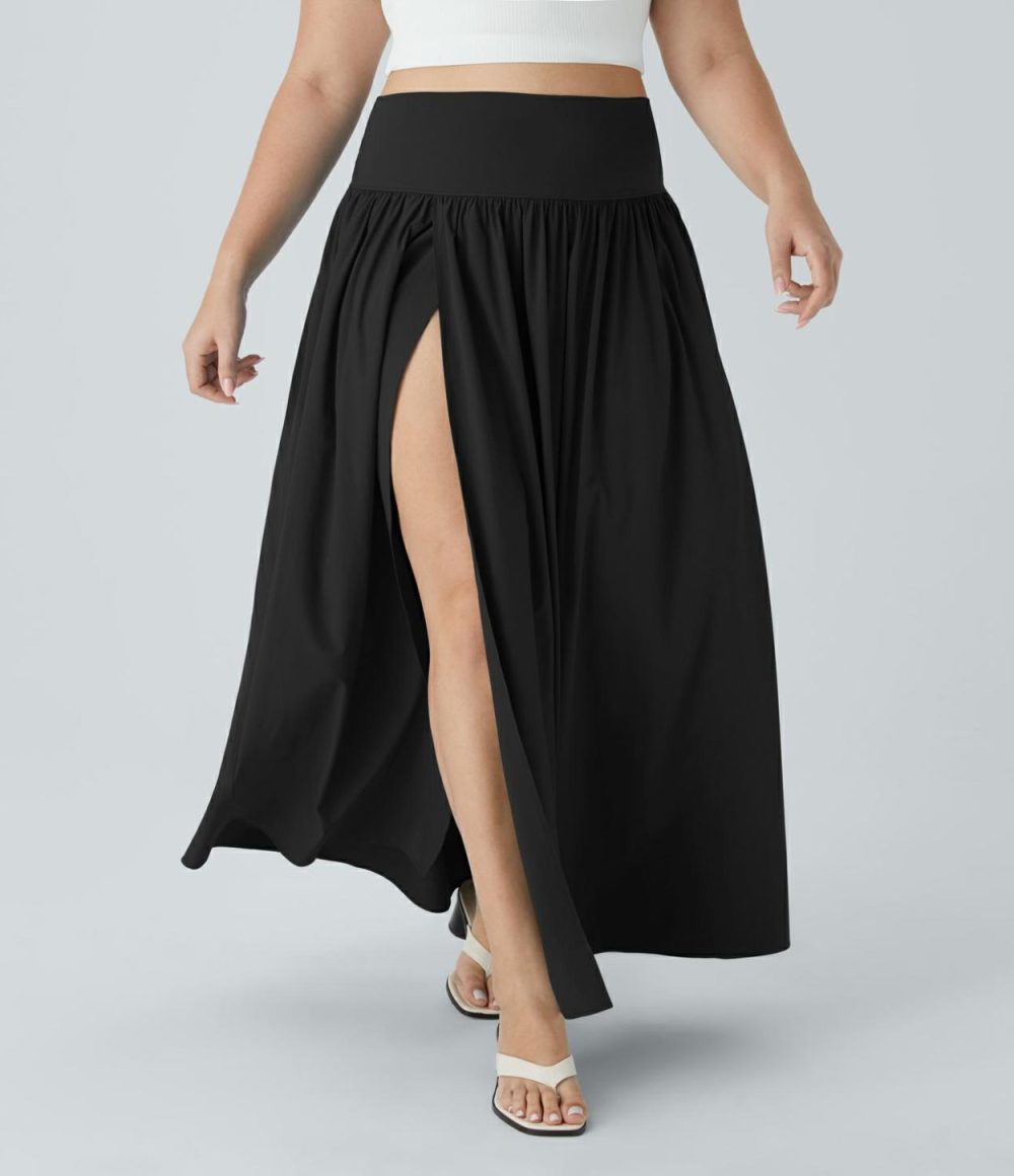 Breezeful™ High Waisted Plicated Split 2-in-1 Flowy Quick Dry Maxi Casual Plus Size Skirt  | Womens  Flowy Skirts Clothing Flowy Skirts