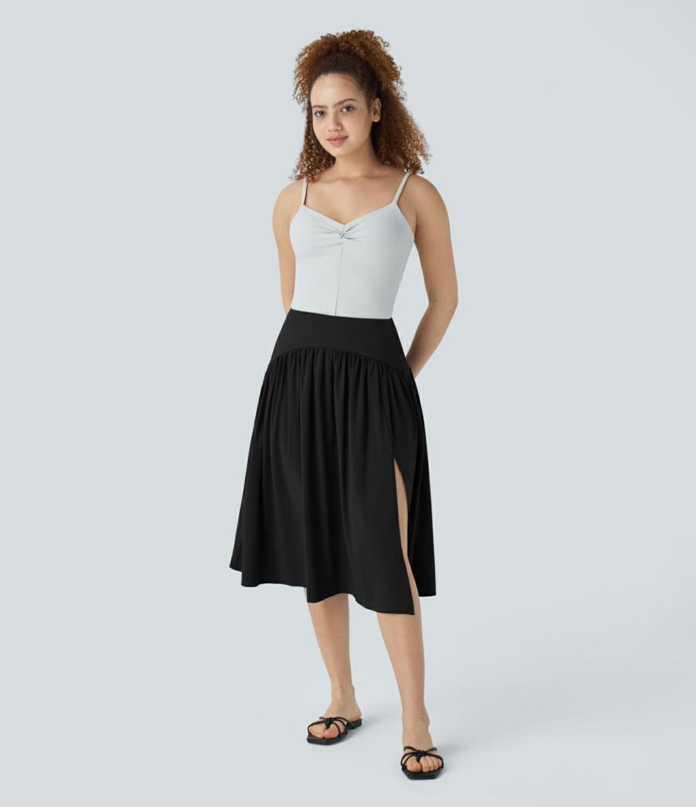 Breezeful™ High Waisted Plicated Split Flowy Quick Dry Midi Resort Skirt  | Womens  Flowy Skirts Clothing Flowy Skirts