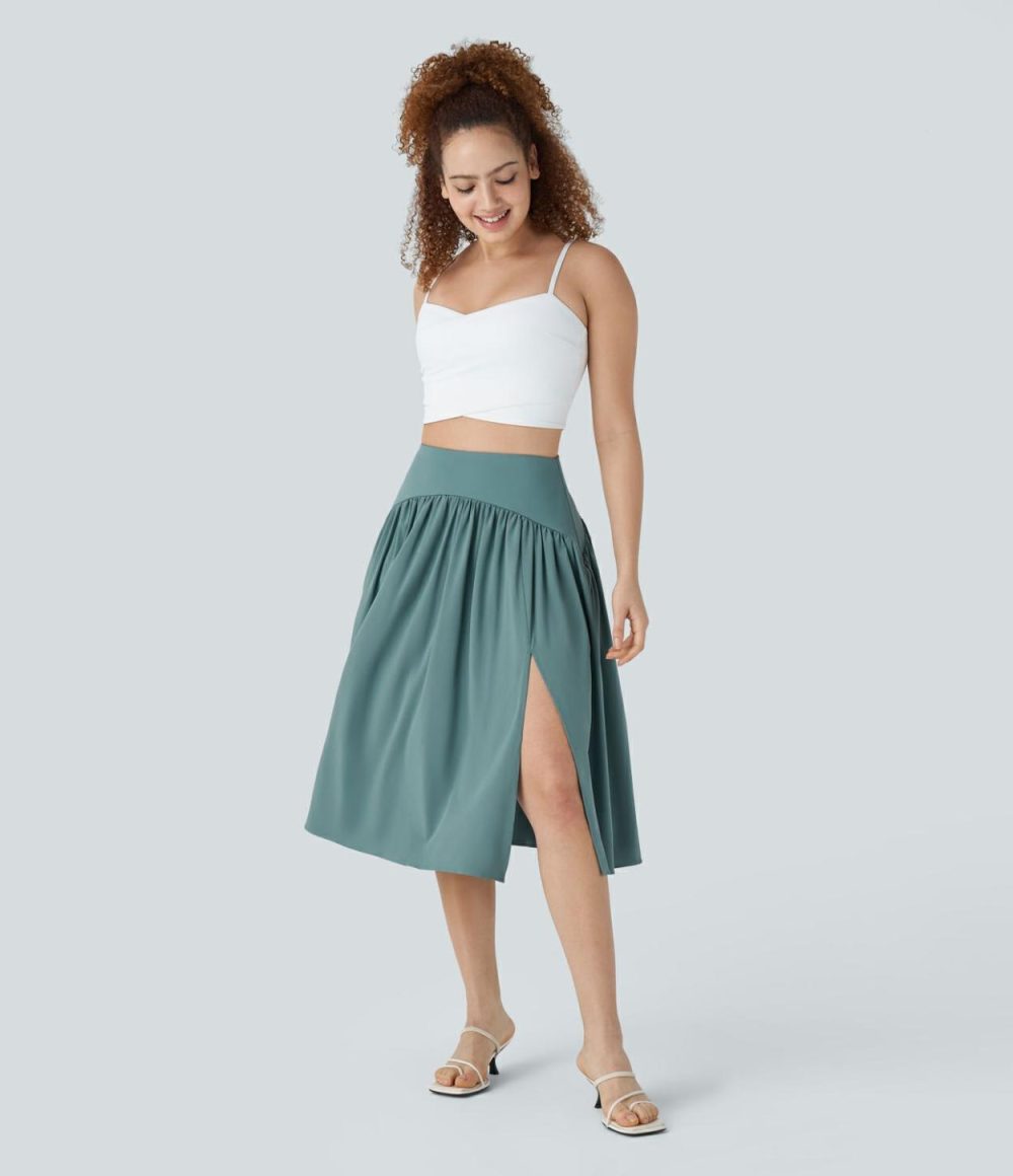 Breezeful™ High Waisted Plicated Split Flowy Quick Dry Midi Resort Skirt  | Womens  Flowy Skirts Clothing Flowy Skirts