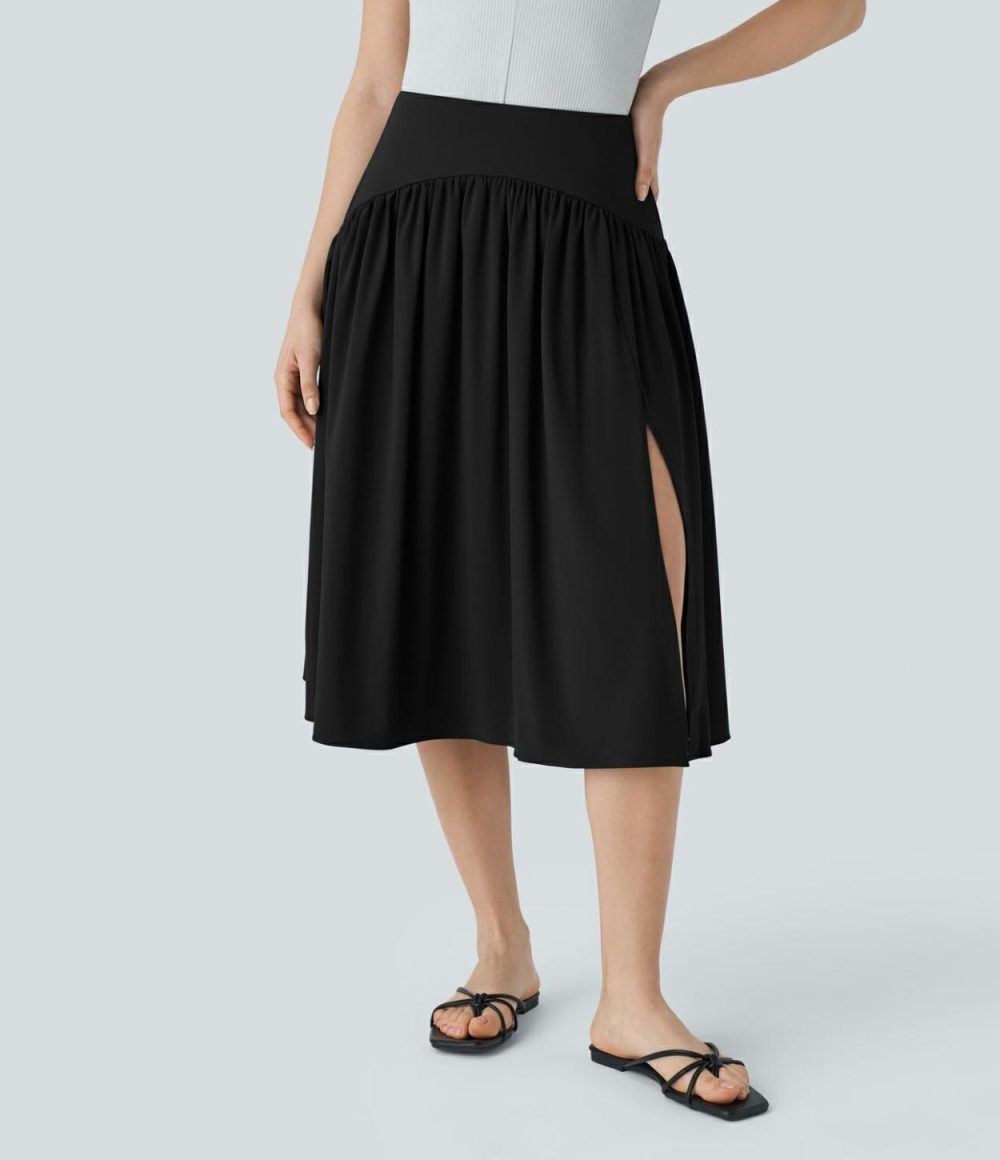 Breezeful™ High Waisted Plicated Split Flowy Quick Dry Midi Resort Skirt  | Womens  Flowy Skirts Clothing Flowy Skirts