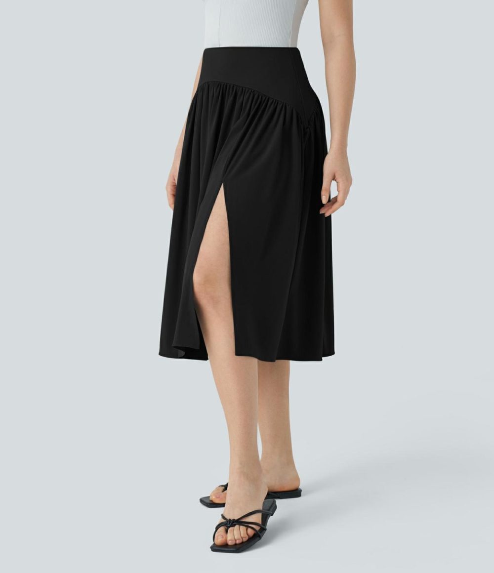 Breezeful™ High Waisted Plicated Split Flowy Quick Dry Midi Resort Skirt  | Womens  Flowy Skirts Clothing Flowy Skirts