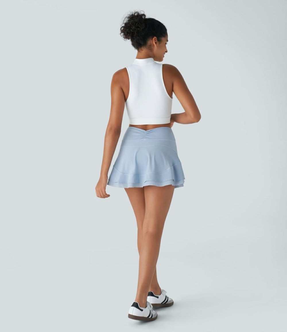 Breezeful™ High Waisted Ruched 2-in-1 Side Pocket Contrast Mesh Quick Dry Mini Golf Skirt  | Womens  Mini Skirts Clothing Mini Skirts