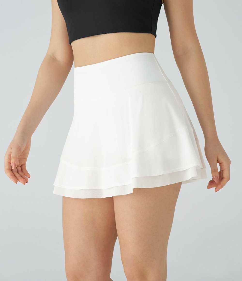 Breezeful™ High Waisted Ruched 2-in-1 Side Pocket Contrast Mesh Quick Dry Mini Golf Skirt  | Womens  Mini Skirts Clothing Mini Skirts