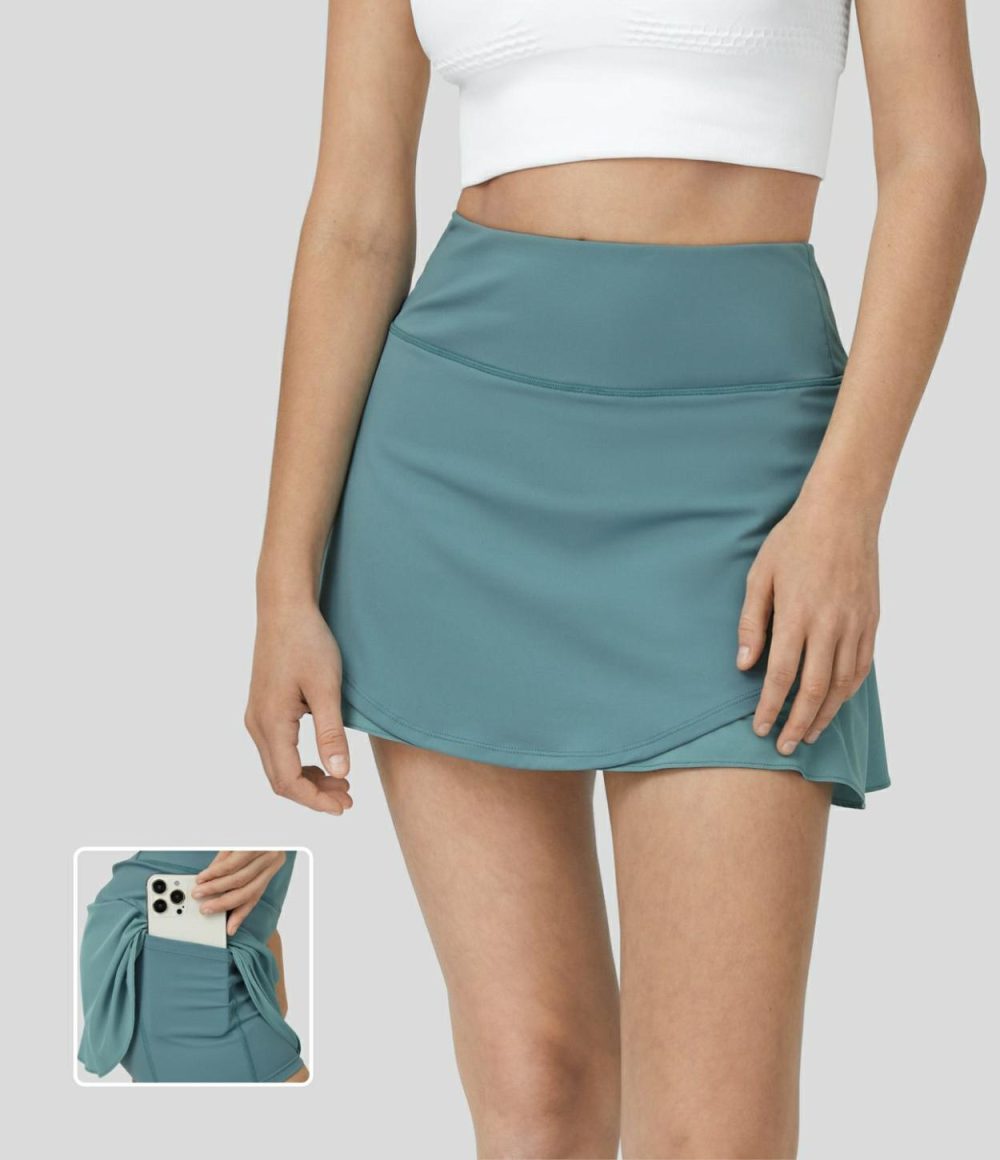 Breezeful™ High Waisted Ruched Contrast 2-in-1 Side Pocket Mini Quick Dry Tennis Skirt  | Womens  Mini Skirts Clothing Mineral Blue/Black