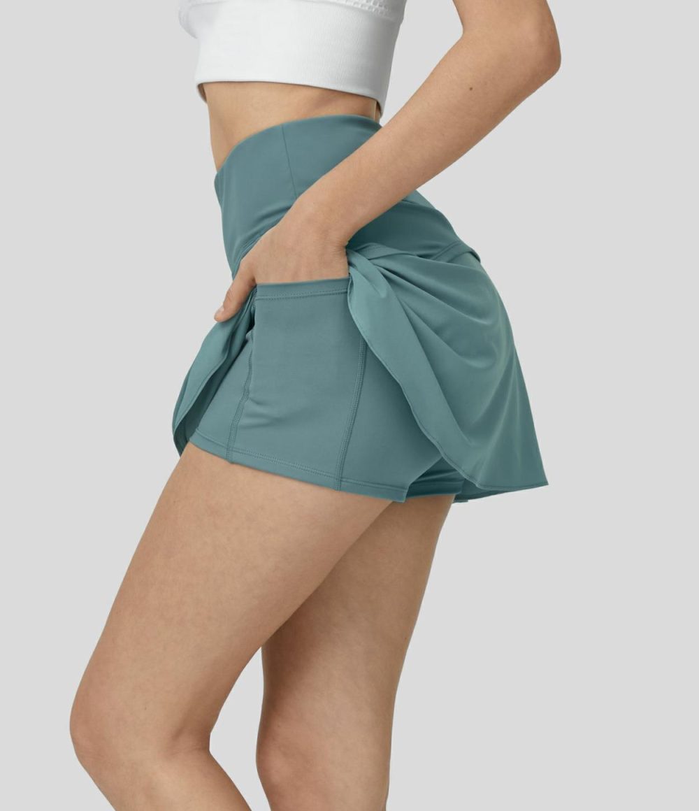 Breezeful™ High Waisted Ruched Contrast 2-in-1 Side Pocket Mini Quick Dry Tennis Skirt  | Womens  Mini Skirts Clothing Mineral Blue/Black