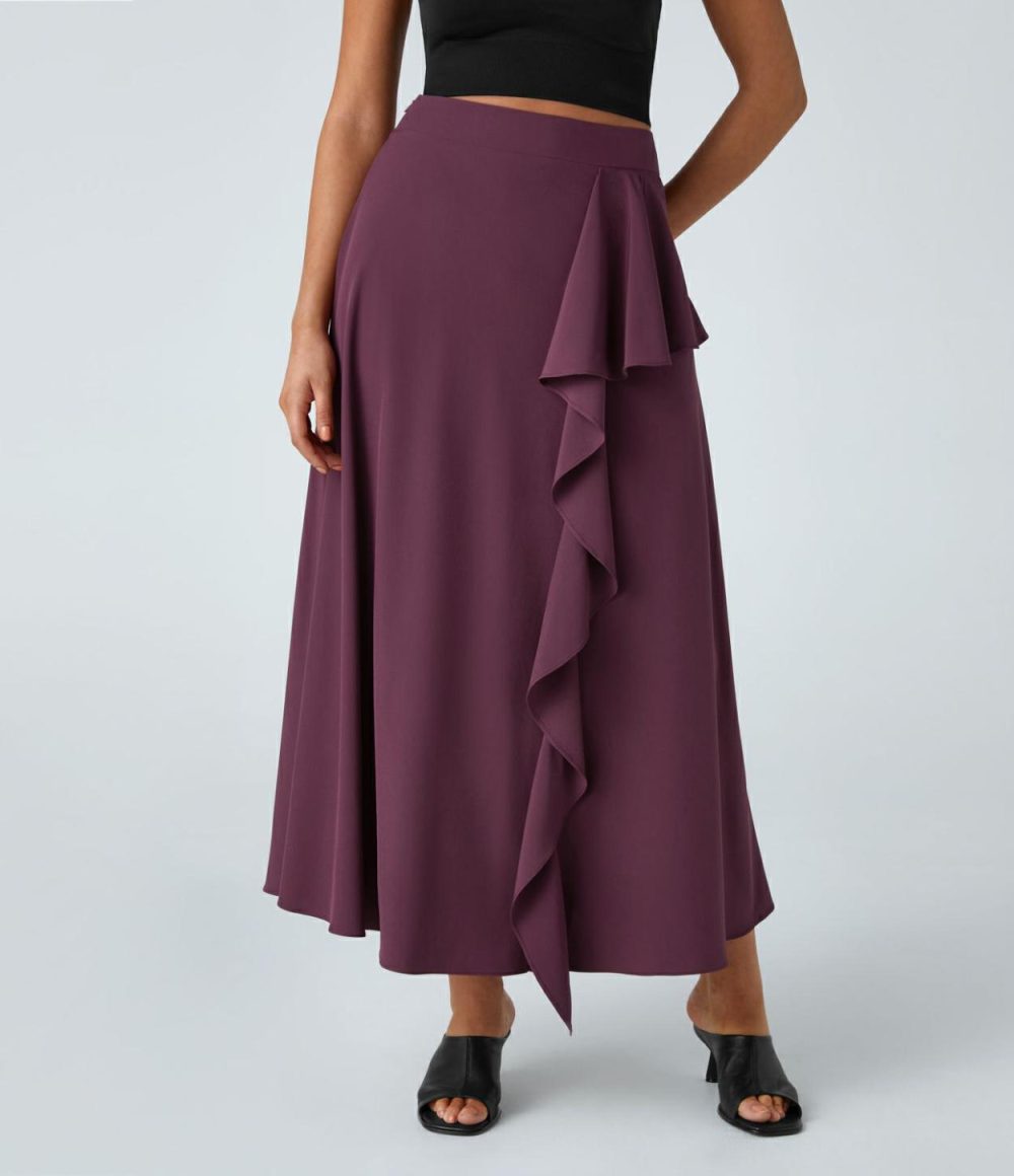 Breezeful™ High Waisted Side Invisible Zipper Asymmetric Ruffle A-Line Quick Dry Midi Casual Skirt  | Womens  Flowy Skirts Clothing Amaranth/Black